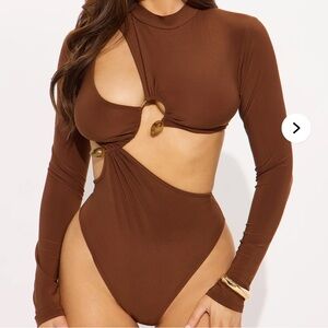 Fashion Nova Brown Cutout Long Sleeve Bodysuit with Gold Rings